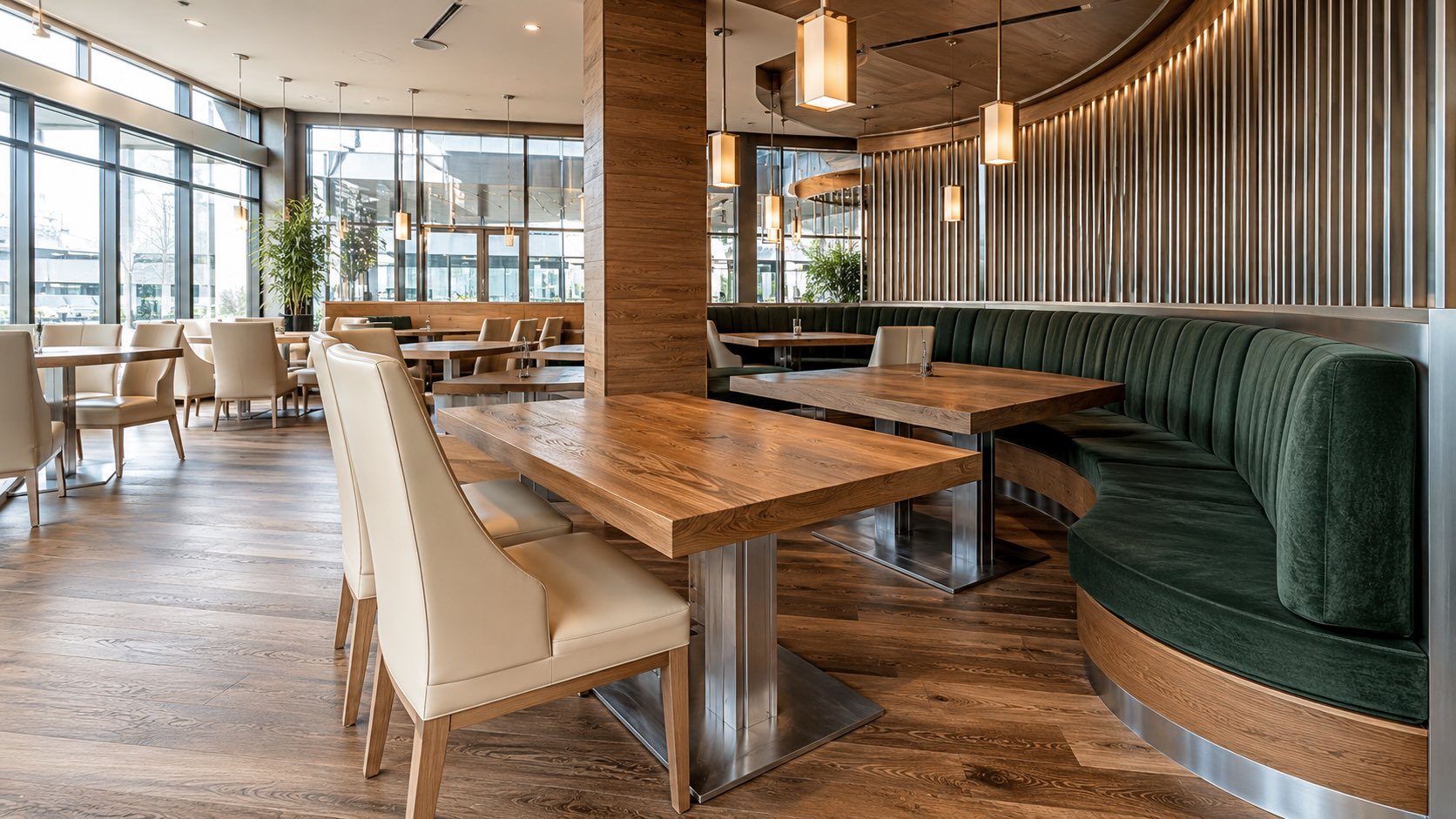 Bright modern restaurant interior with custom booth seating and matching dining tables