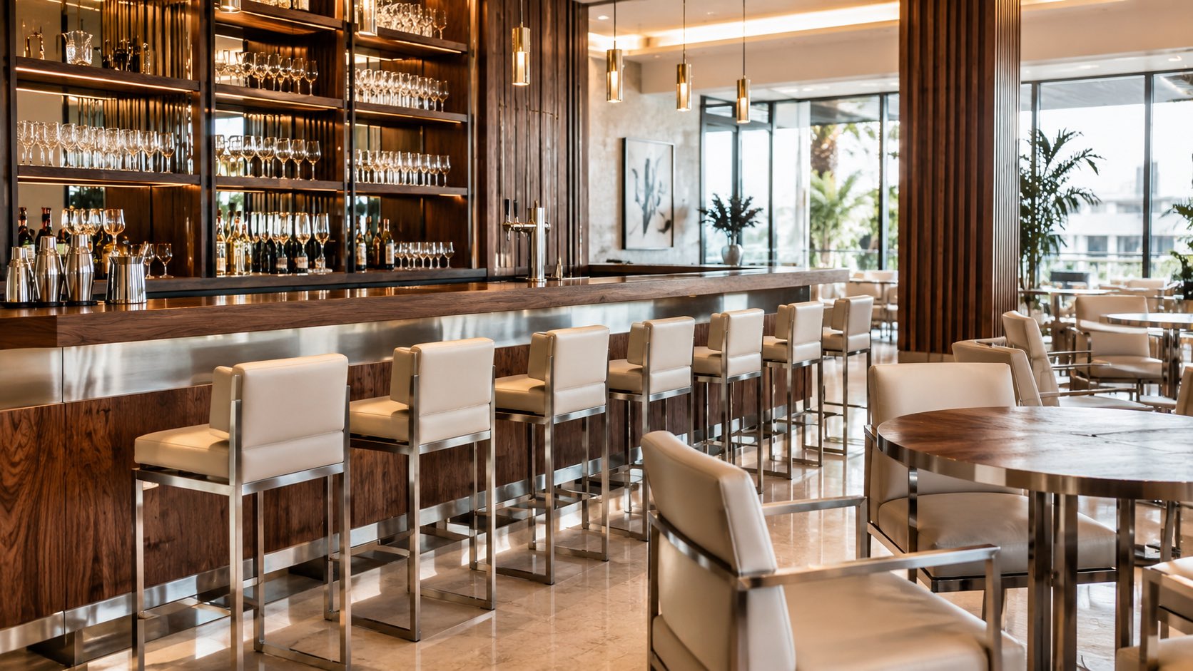 Bright modern bar interior with commercial bar stools and counter seating