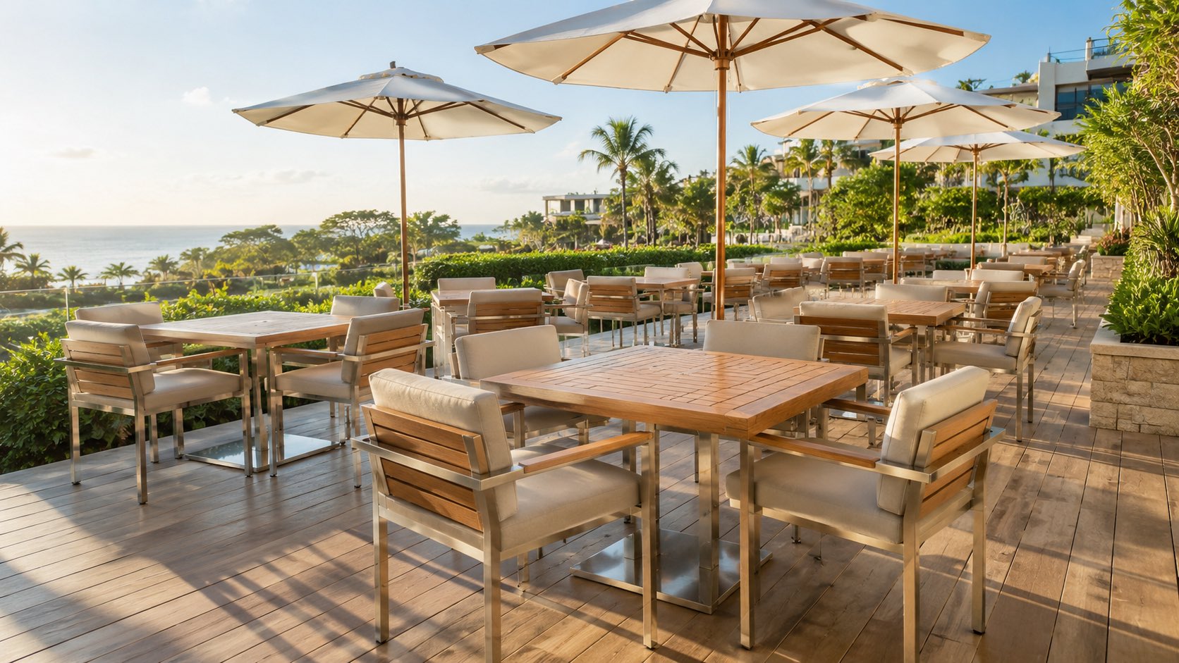 Bright outdoor restaurant patio with tables, chairs and terrace furniture in daylight