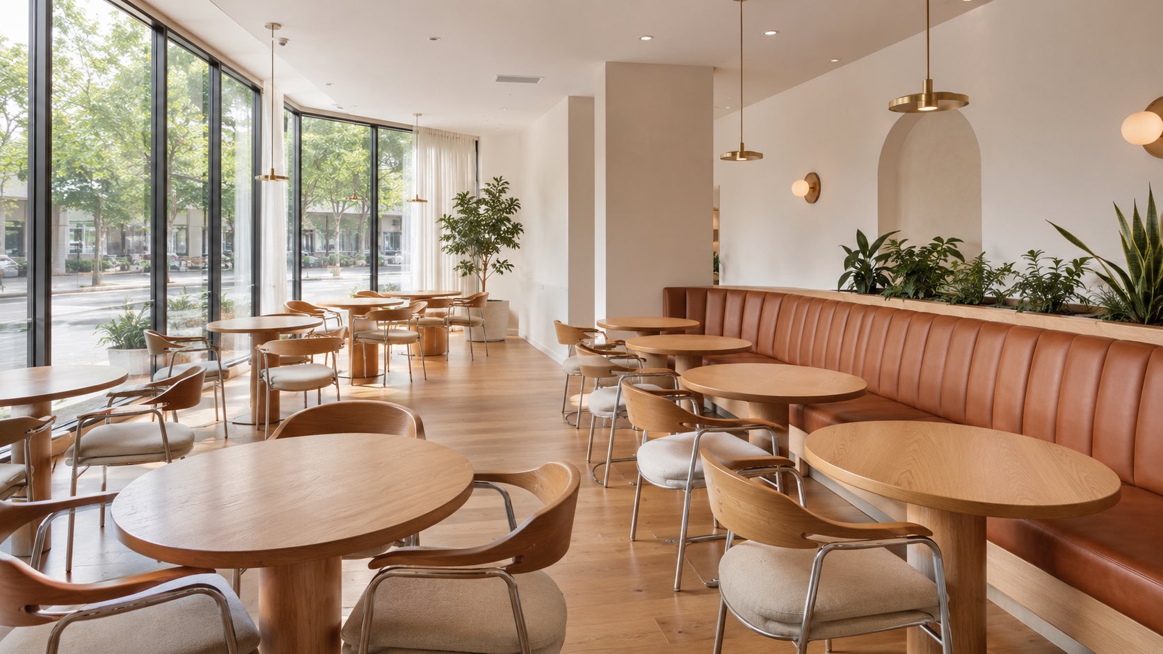 Bright cafe interior with wooden tables, chairs and large windows for natural light