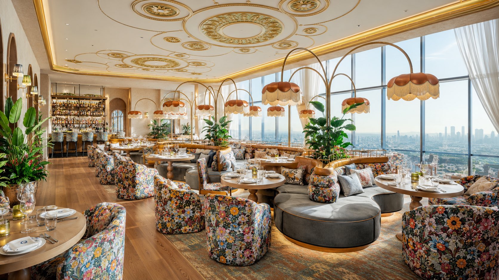 Bright high-end commercial restaurant interior with elegant dining tables, chairs and refined lighting